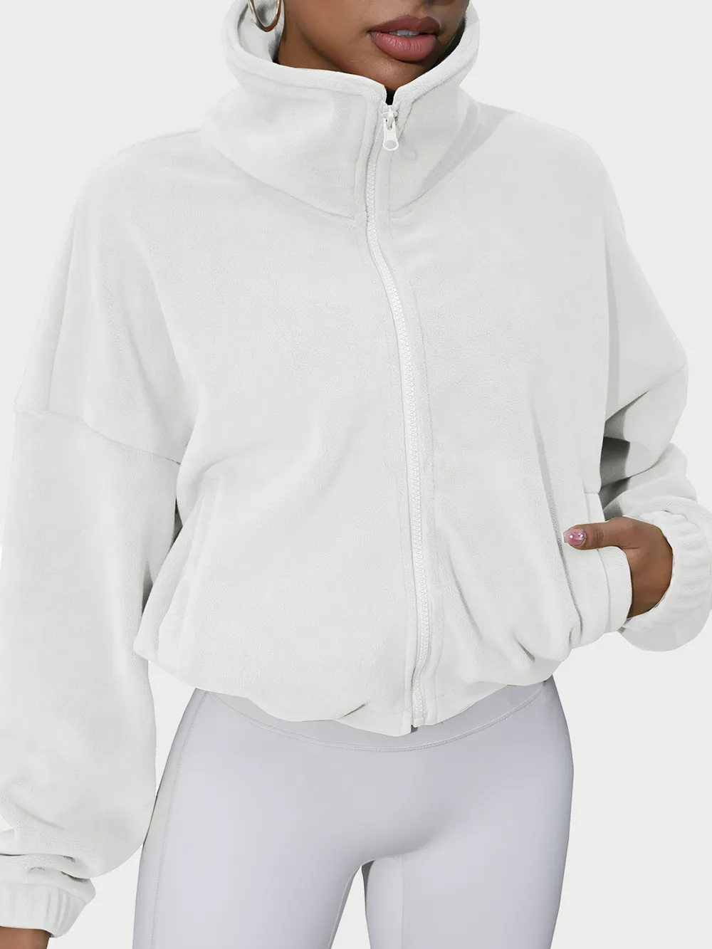 Drawstring Turtleneck Zip Up Long Sleeve Jacket, image 21