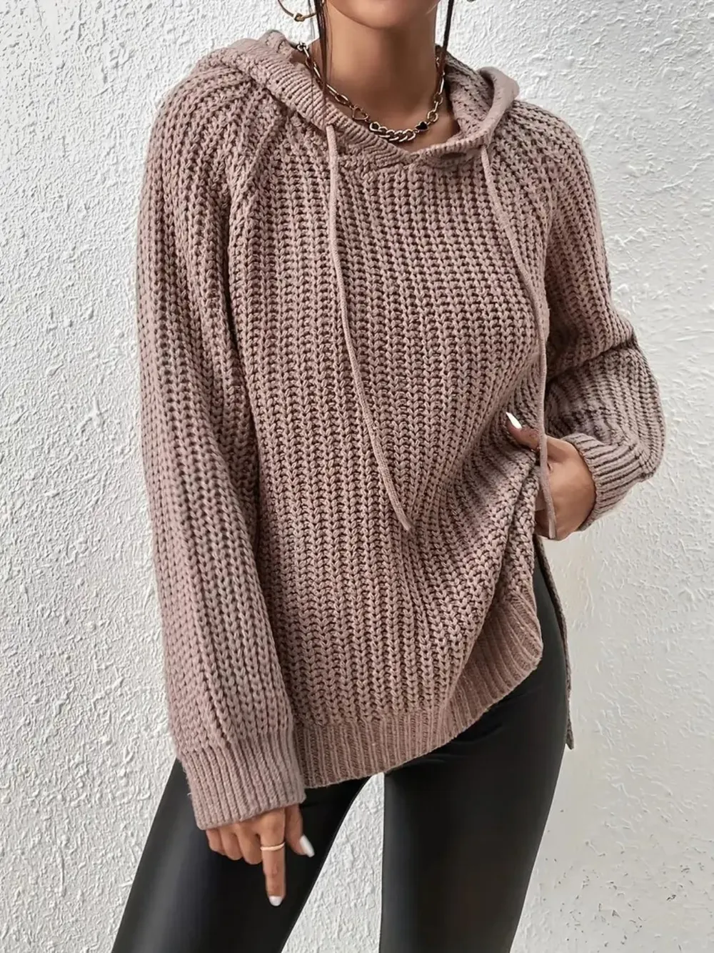 High-Low Side Slit Drawstring Long Sleeve Hooded Sweater, image 2