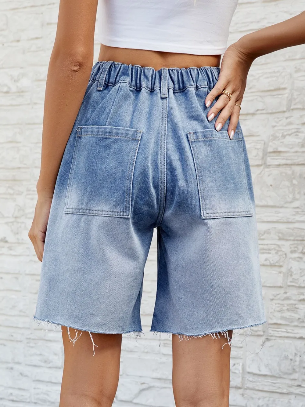 Buttoned Raw Hem Denim Shorts with Pockets, image 6