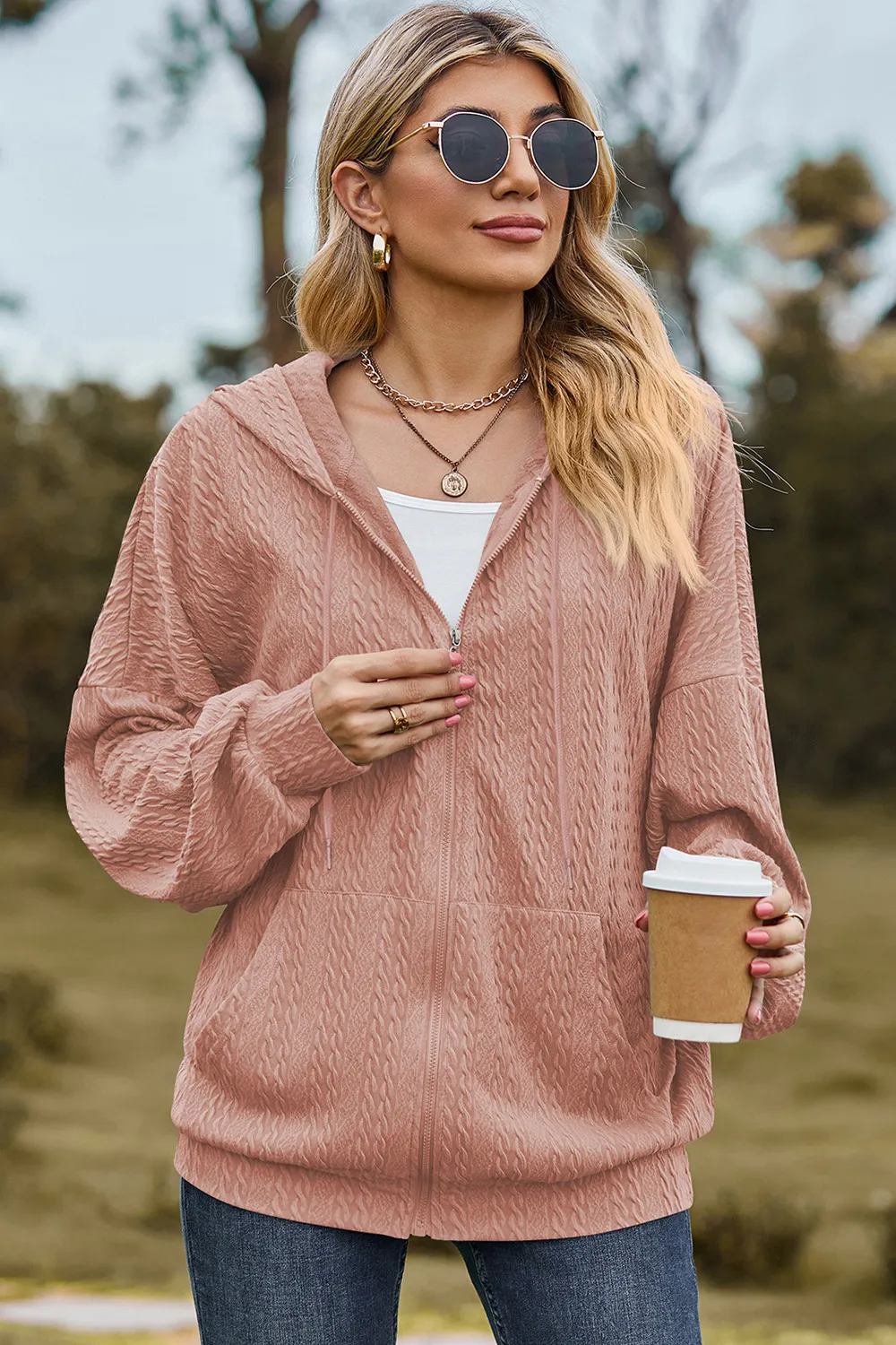 Drawstring Zip Up Dropped Shoulder Hoodie, image 23