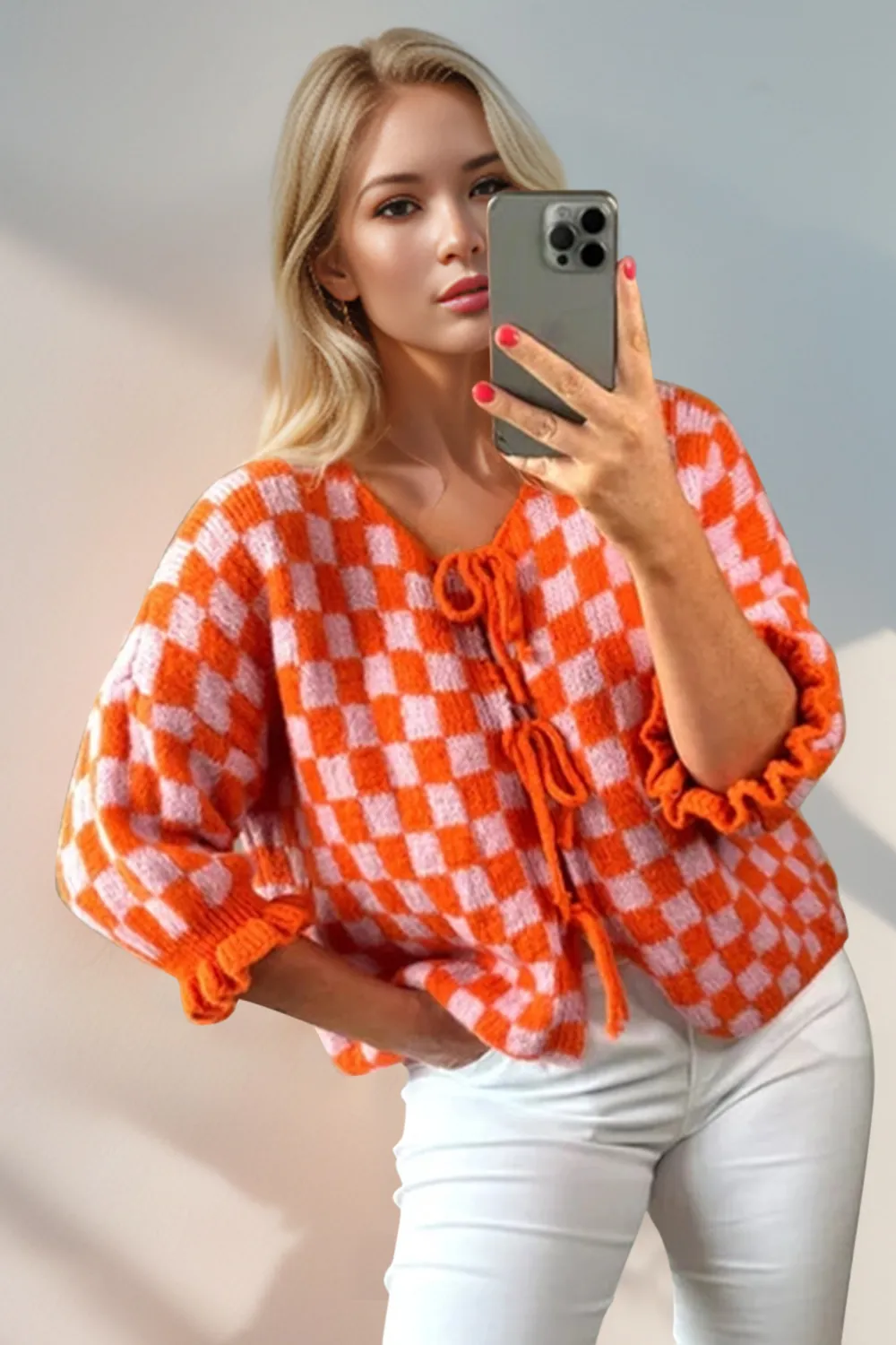 Tied Checkered Dropped Shoulder Flounce Sleeve Cardigan, image 15