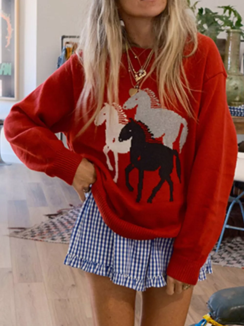 Horse Round Neck Long Sleeve Sweater, image 6