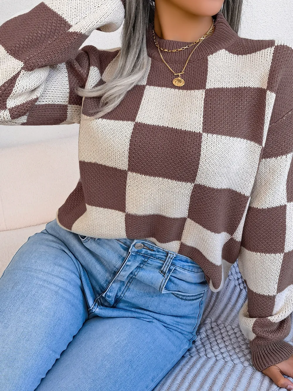 Checkered Mock Neck Long Sleeve Sweater, image 24