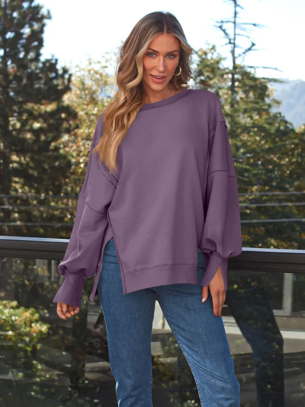 Slit Round Neck Long Sleeve Sweatshirt, image 17