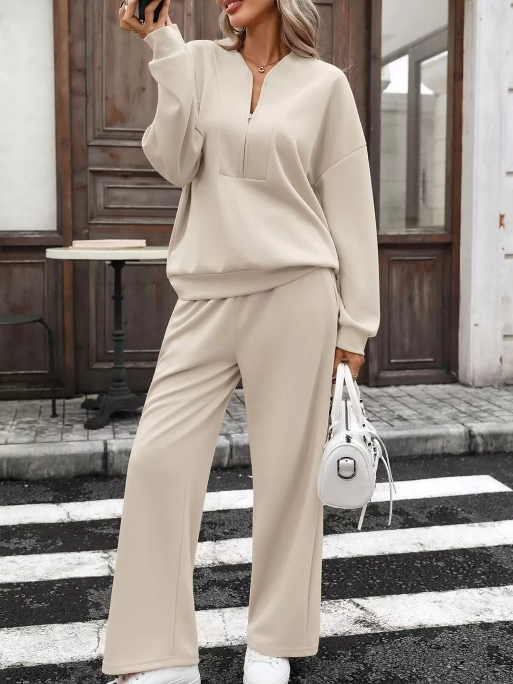 Half Zip Sweatshirt and Wide-Leg Pants Set, image 17