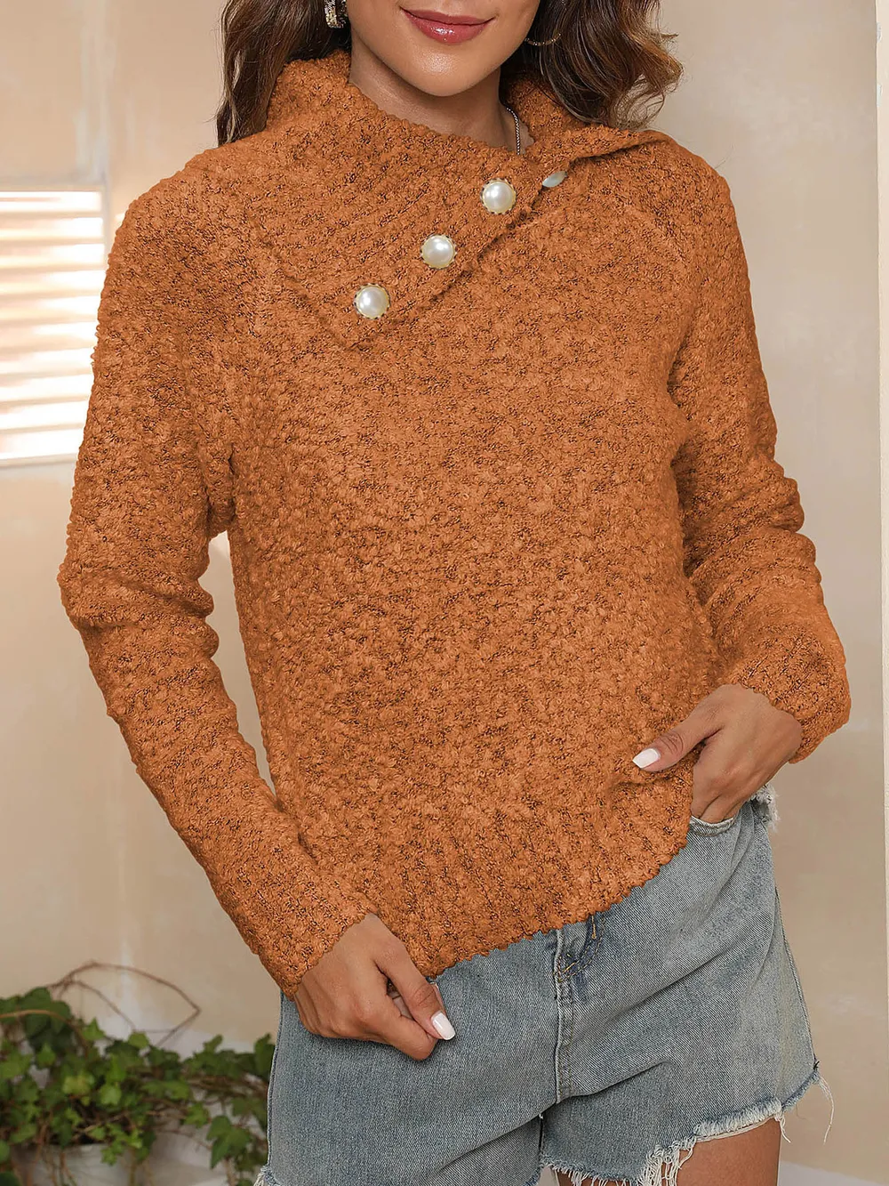 Asymmetric Collared Neck Long Sleeve Sweater, image 2