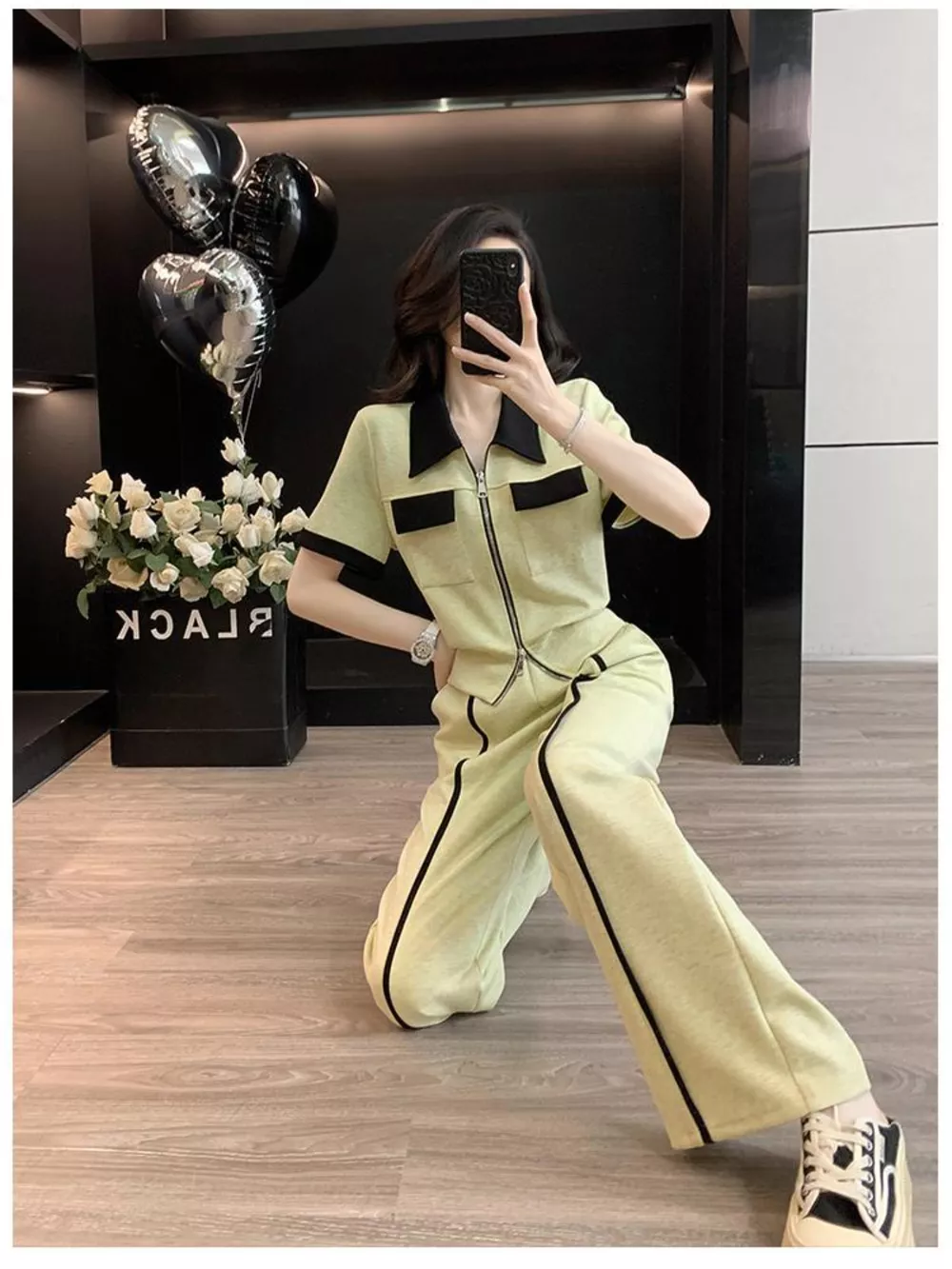 Contrast Zip Up Top and Wide-Leg Pants Set, image 3