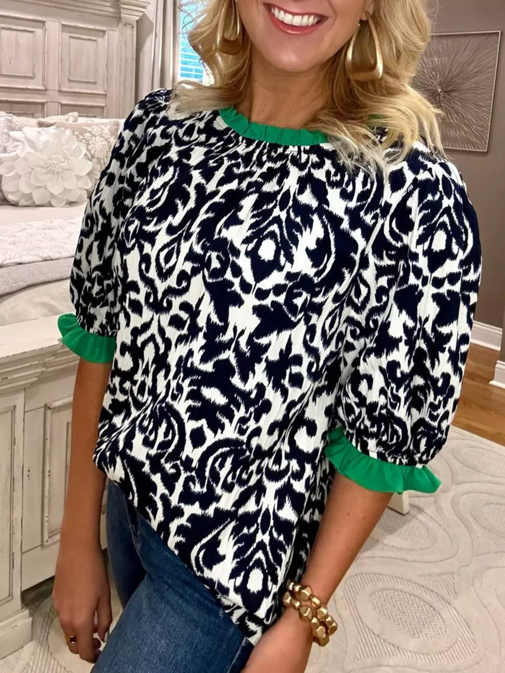 Damask Print Ruffled Color Block Detail Half Sleeve Blouse, image 5