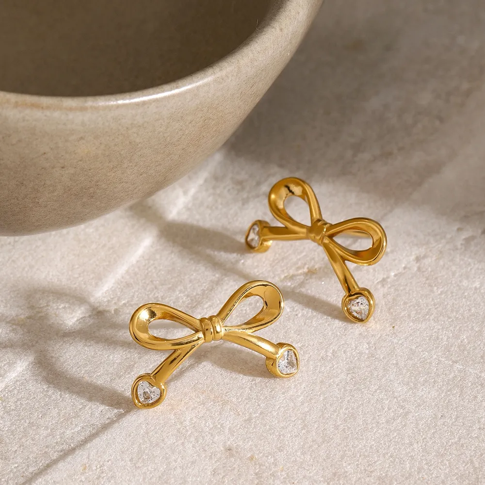 Stainless Steel Inlaid Zircon Bow Earrings, image 2