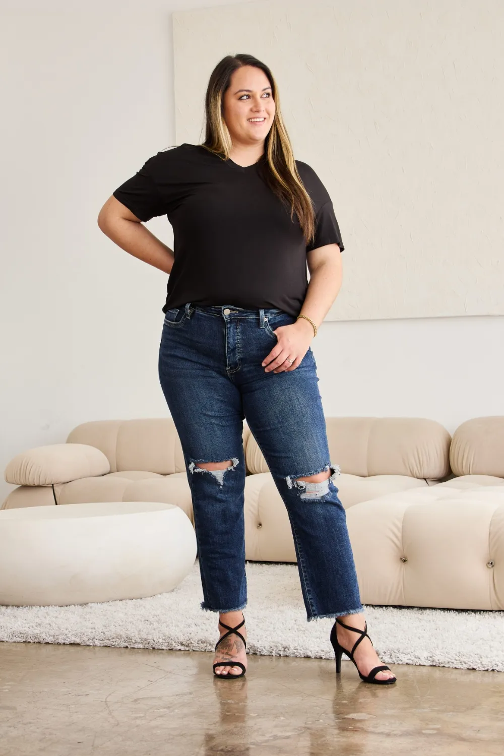 Crop Dylan Full Size Tummy Control Distressed High Waist Raw Hem Jeans, image 19