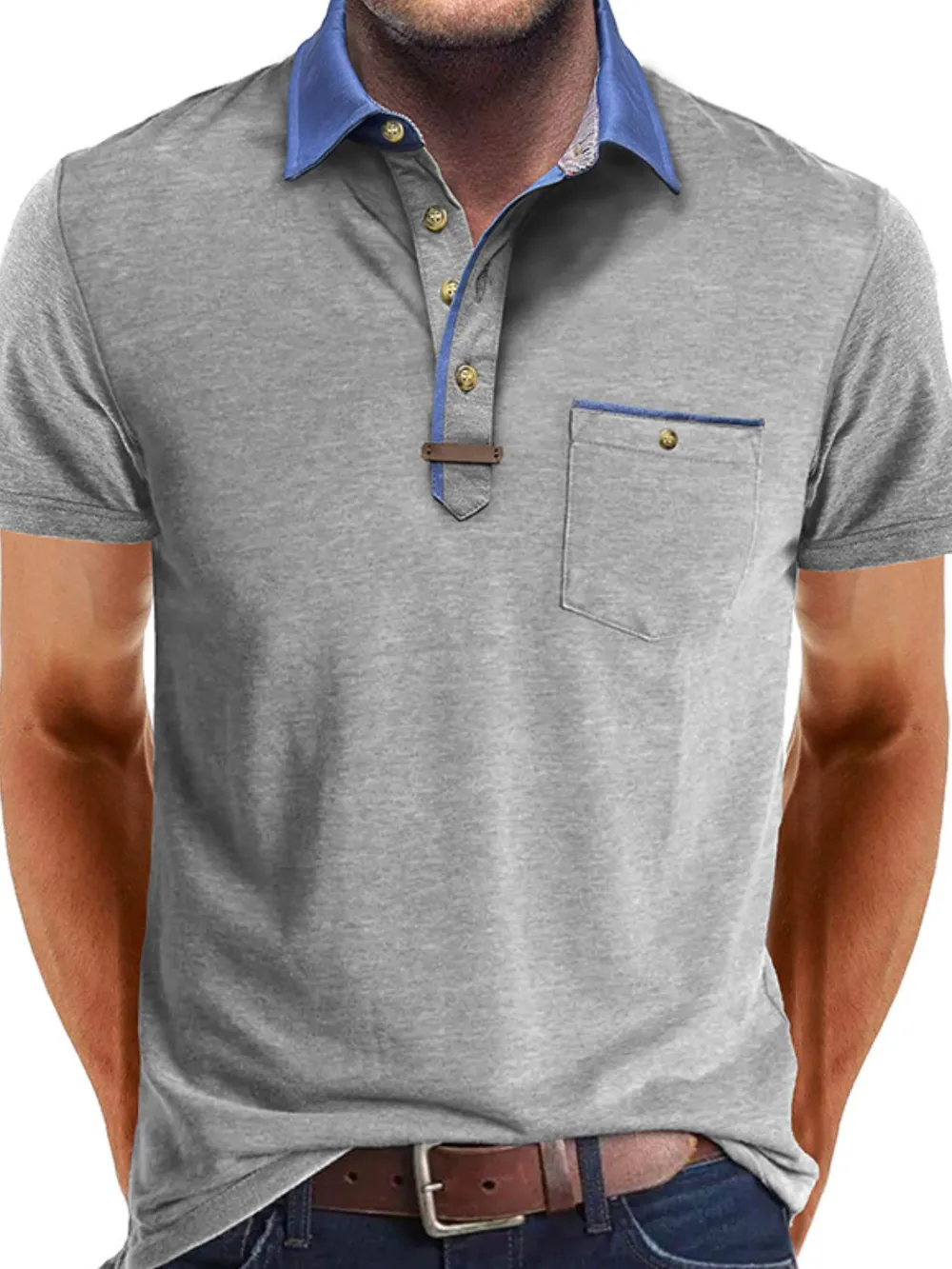 Men's Full Size Contrast Collar Pocket Polo Shirt Plus Size, image 2