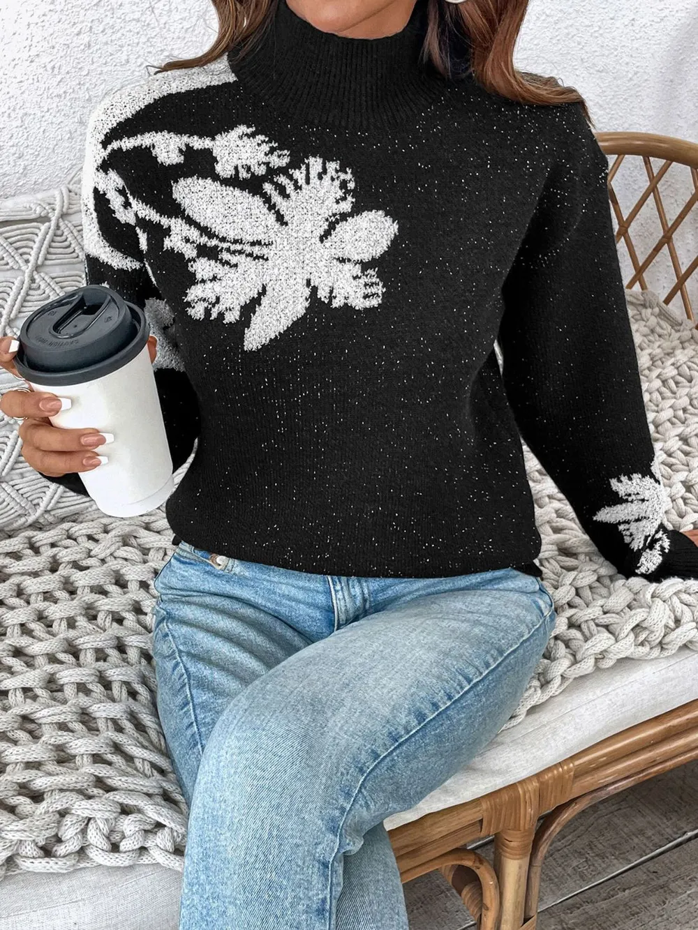 Flower Mock Neck Long Sleeve Sweater, image 4