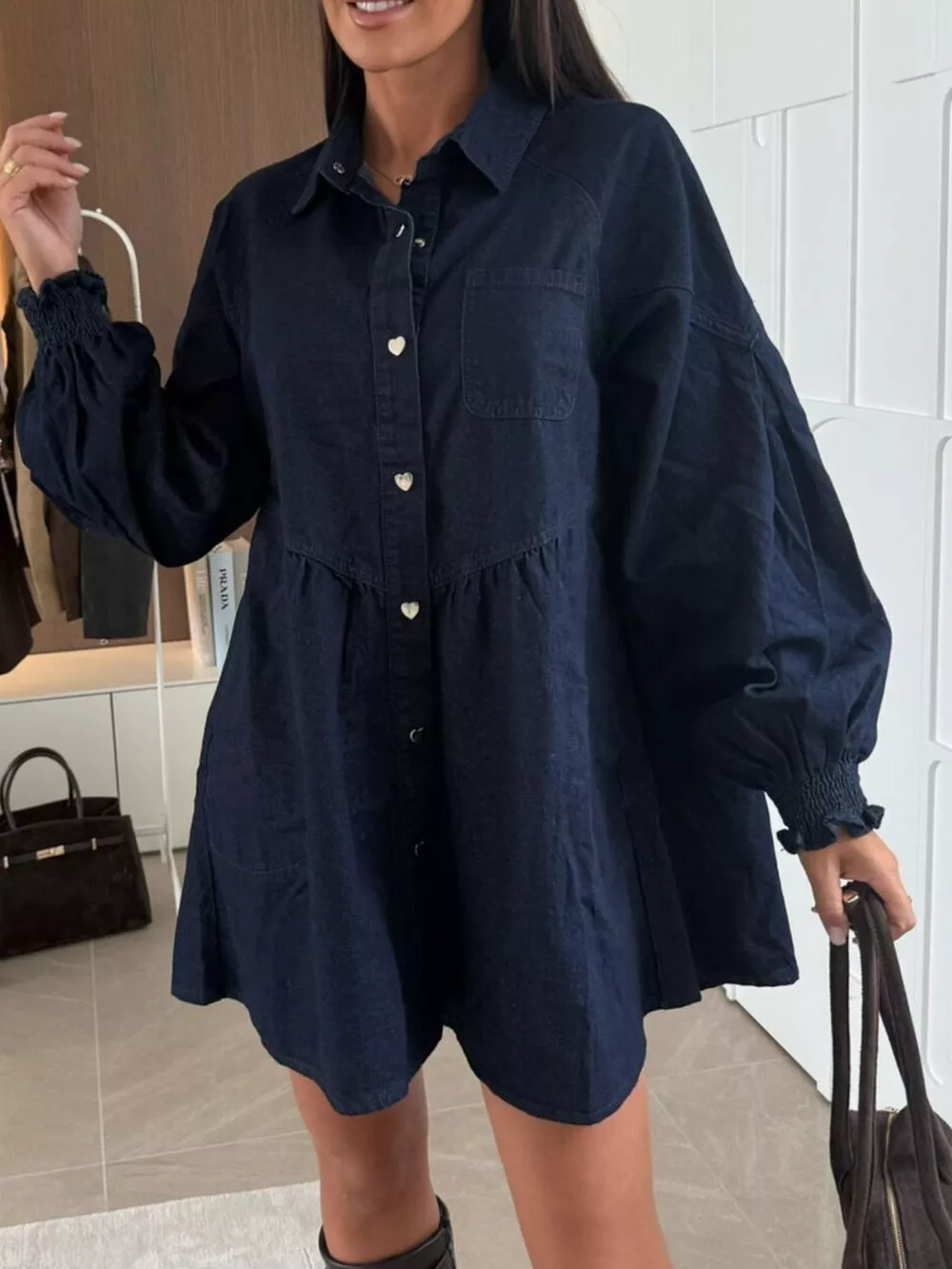 Button Down Mini Denim Dress with Front Pockets, image 13