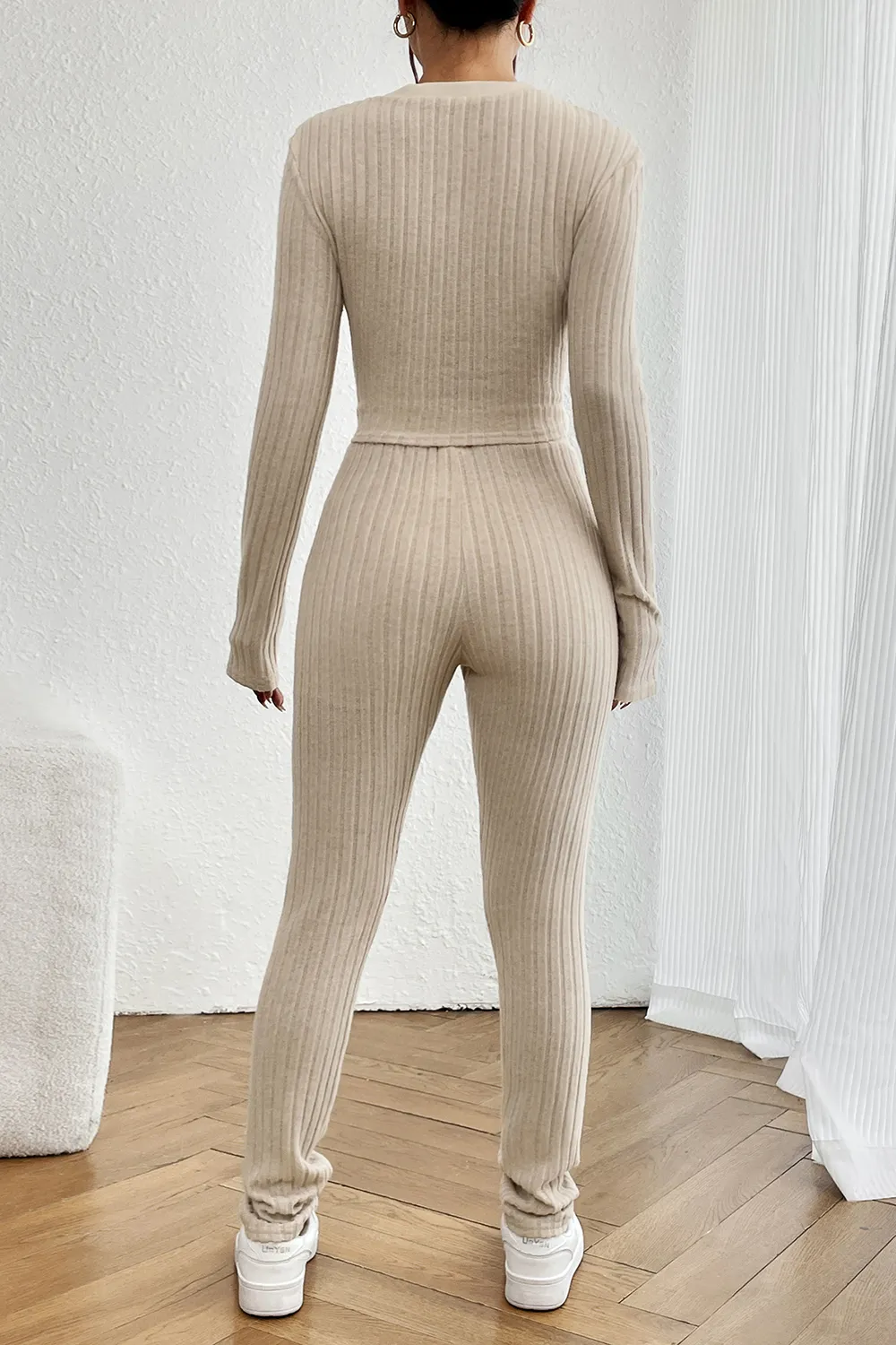 Ribbed V-Neck Long Sleeve Cropped Top and Pants Set, image 2