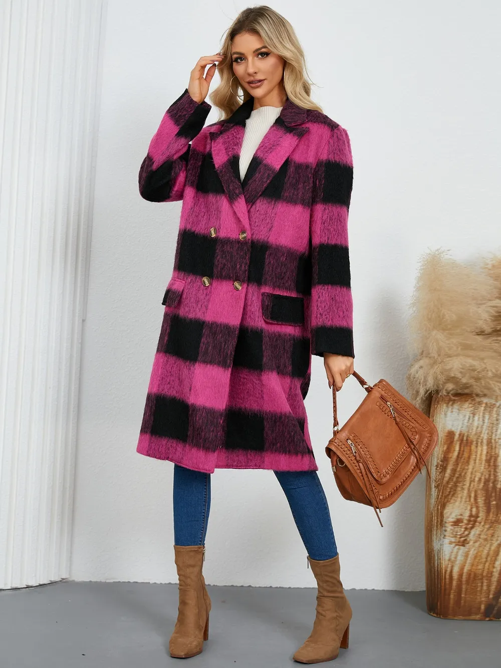 Plaid Double-Breasted Long Sleeve Coat, image 8