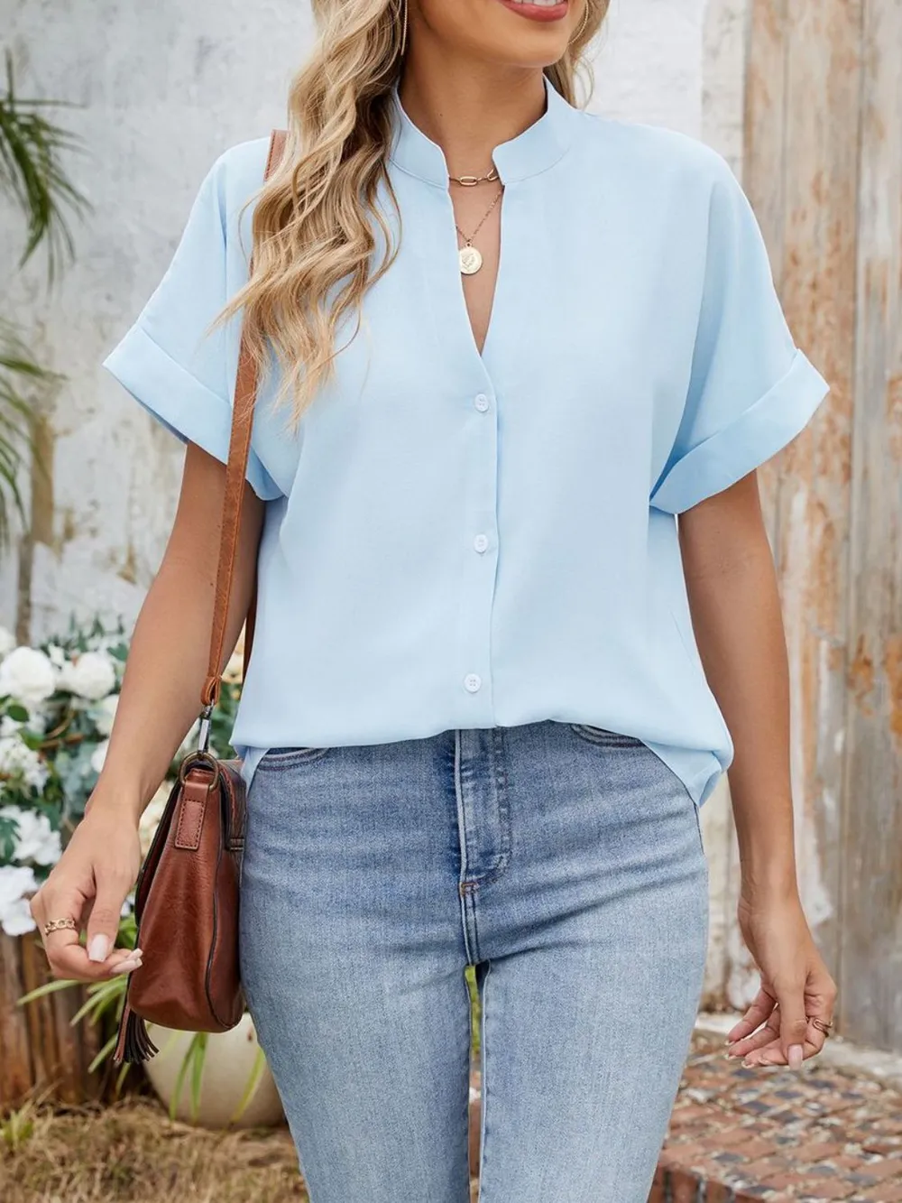 Notched Short Sleeve Blouse, image 25
