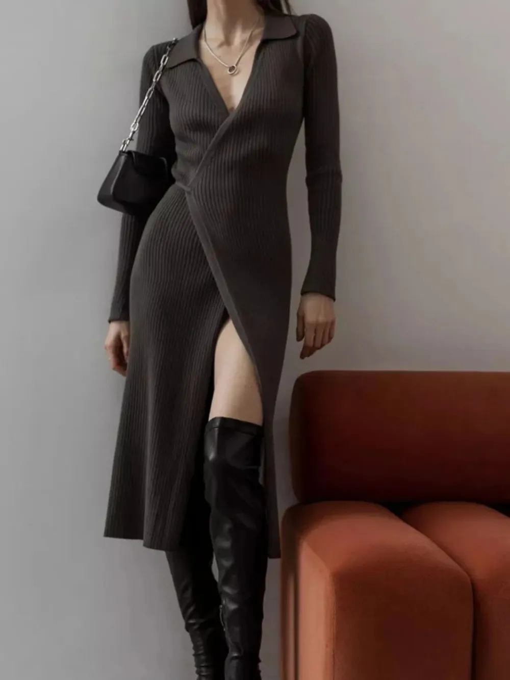 Tied Collared Neck Long Sleeve Sweater Dress, image 5