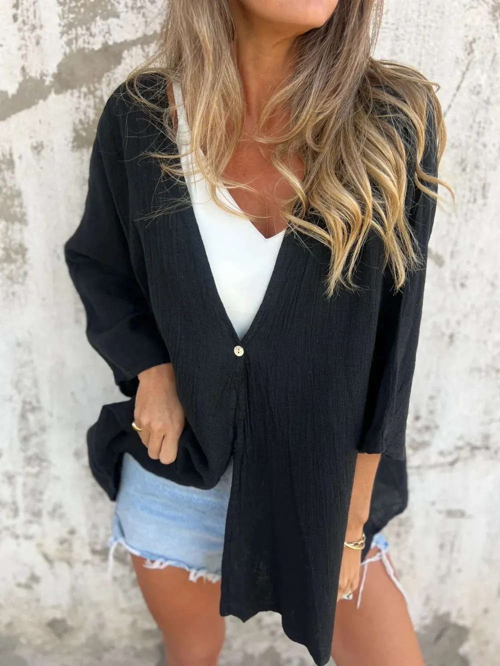 Full Size One Button Long Sleeve Shirt Plus Size, image 21