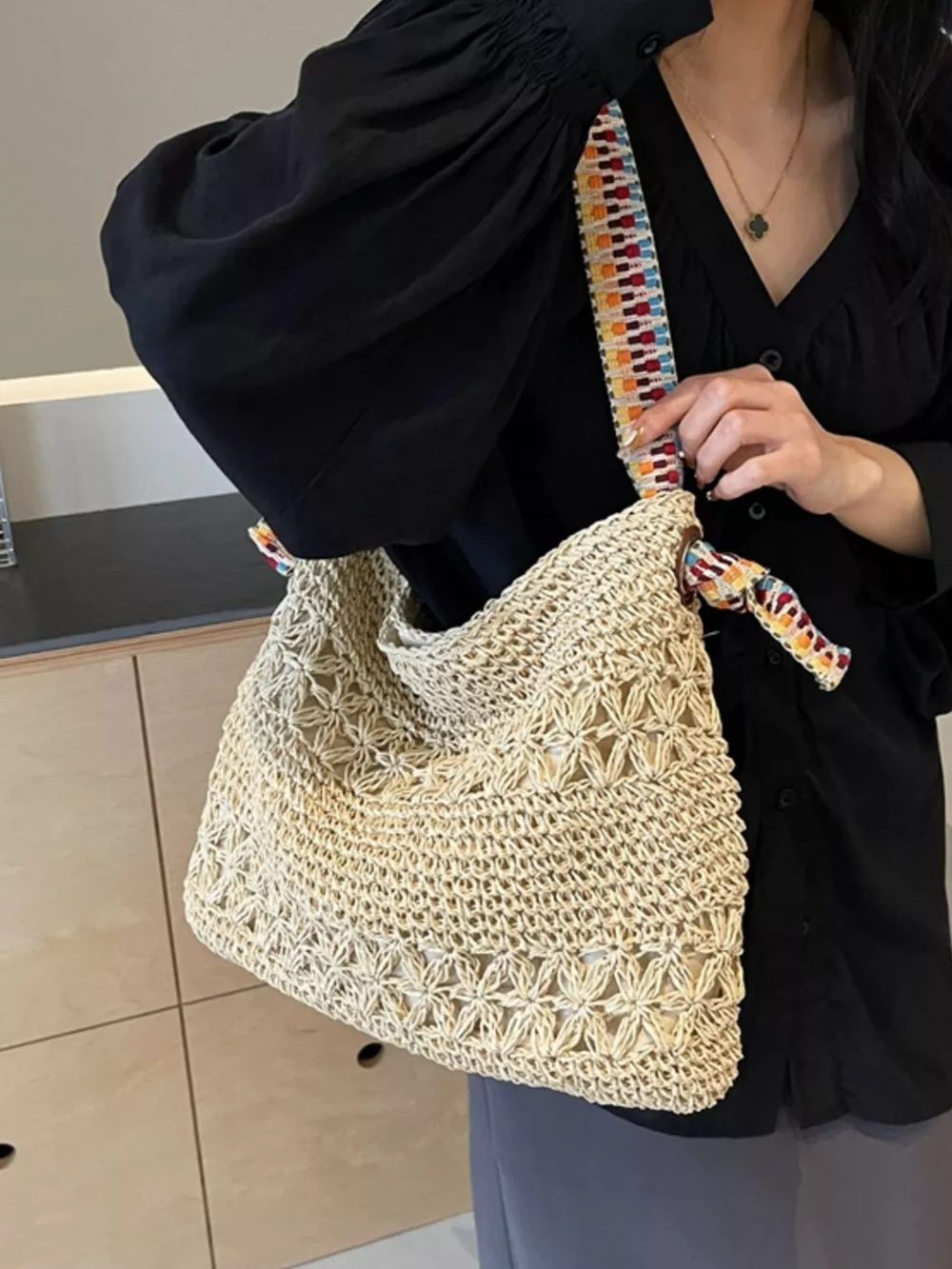 Woven Straw Shoulder Bag with Striped Handles