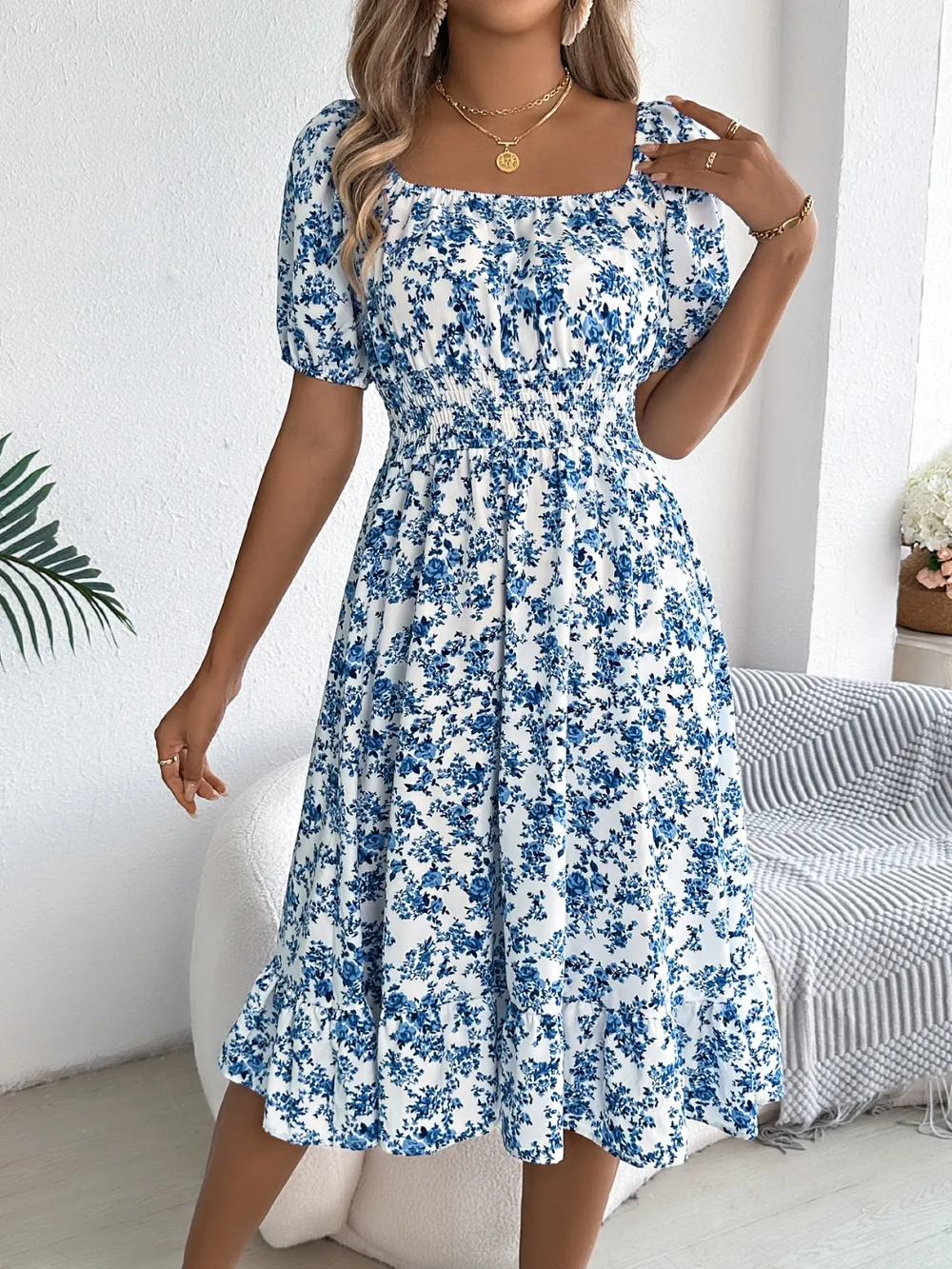 Ruffled Hem Floral Puff Sleeve Dress, image 18