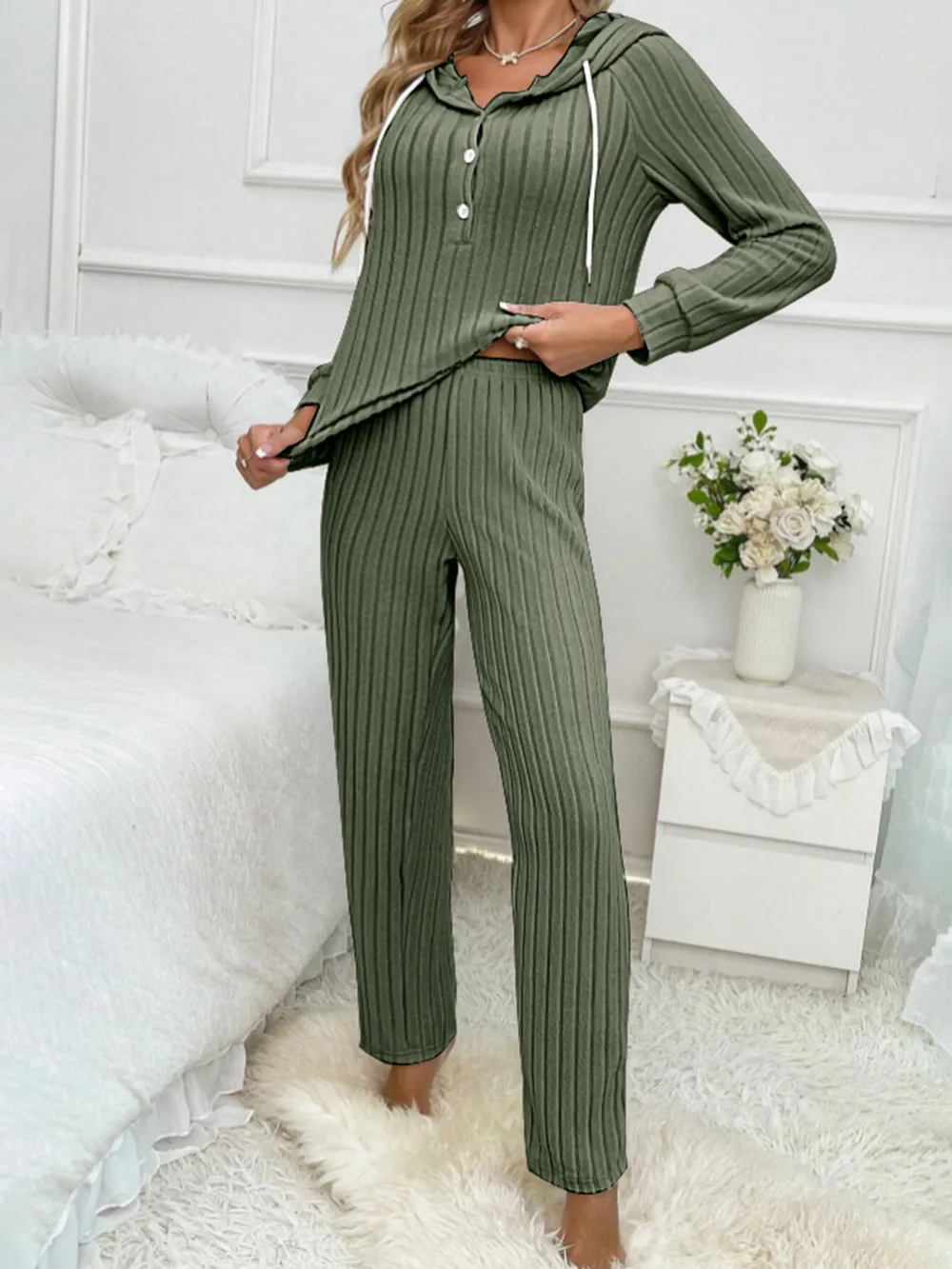 Drawstring Half Button Hooded Top and Ribbed Pants Set, image 6