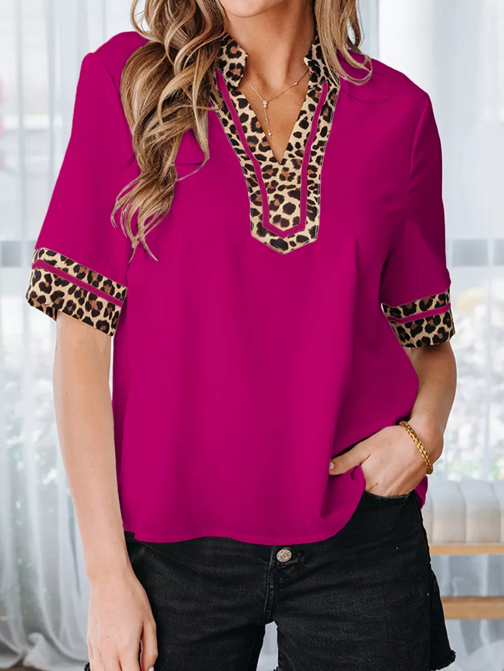 Leopard Patchwork Trim Split Neck Short Sleeve Blouse, image 6