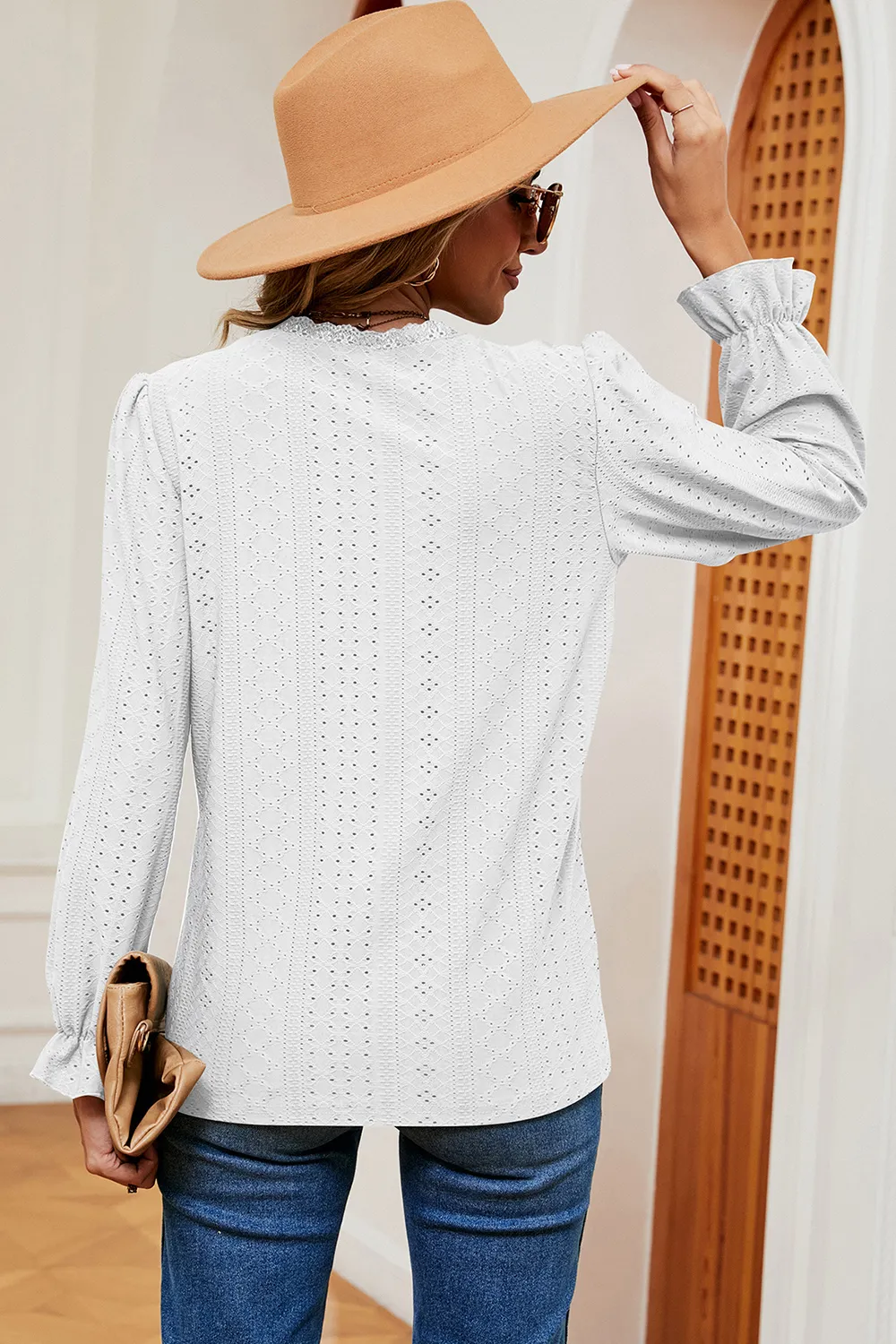 Eyelet V-Neck Flounce Sleeve T-Shirt, image 7