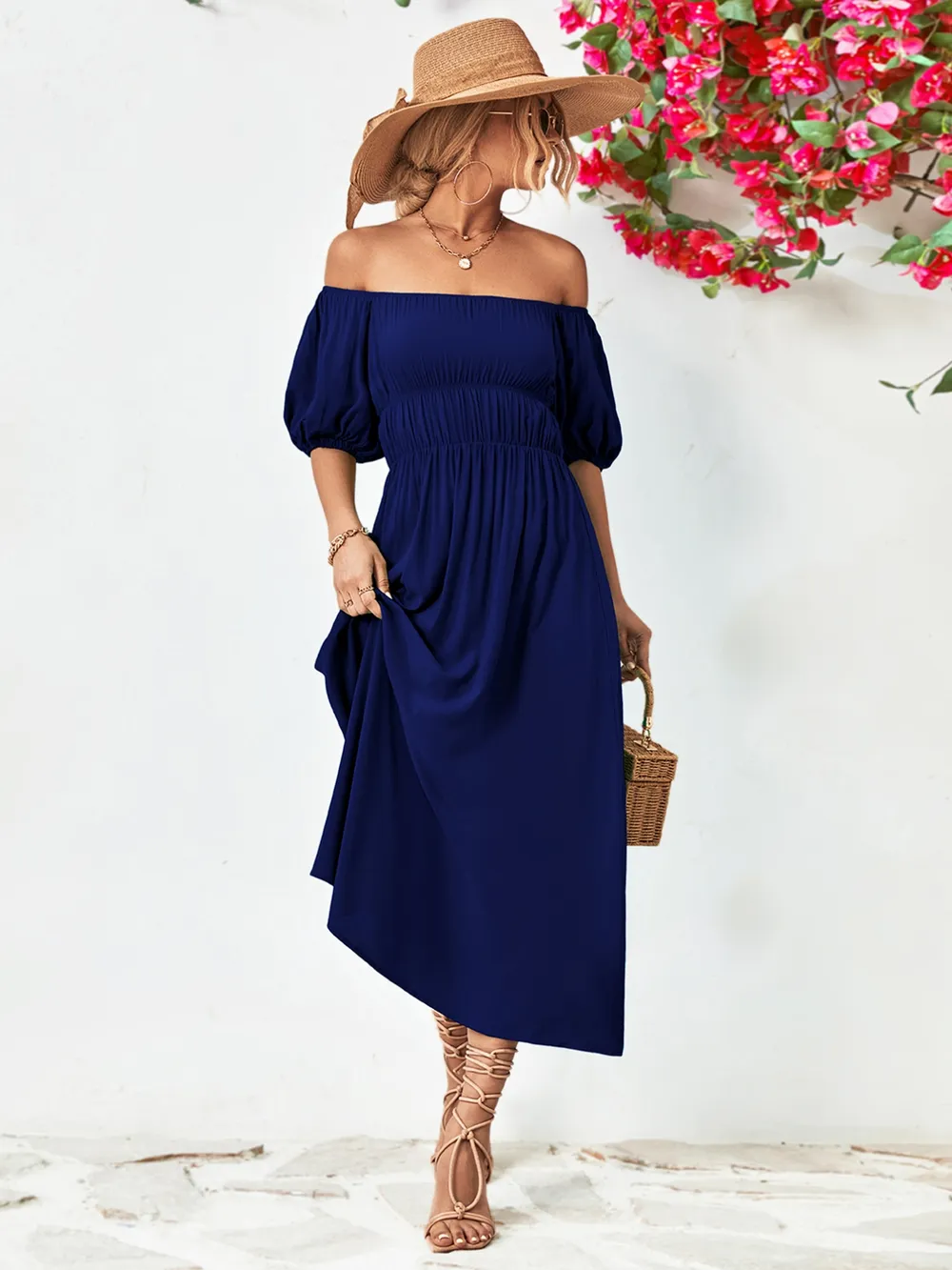 Off-Shoulder Puff Sleeve Smocked Maxi Dress, image 16
