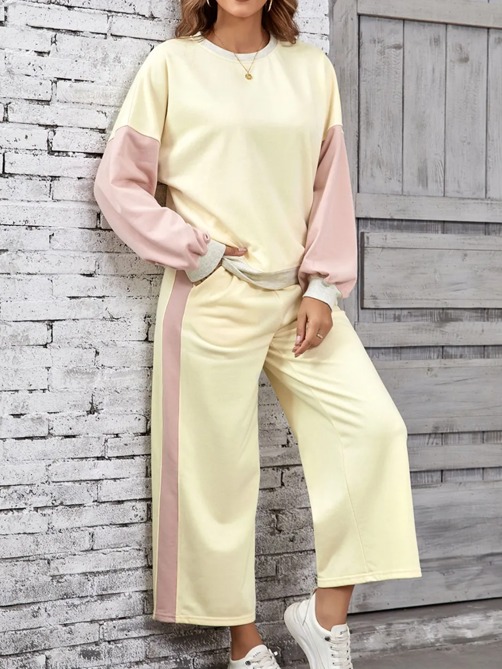 Color Block Round Neck Top and Pants Set, image 15