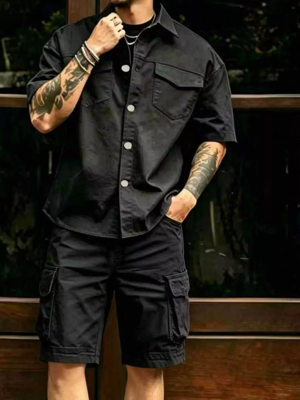 Men's Full Size Cargo Shirt and Shorts Set Plus Size, image 5