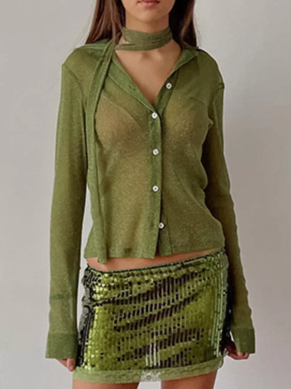 Button Down Long Sleeve Shirt with Scarf, image 2