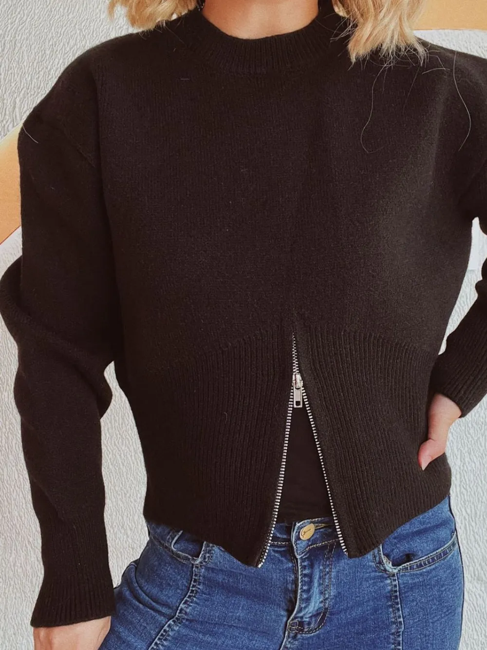 Round Neck Half Zip Long Sleeve Sweater, image 10