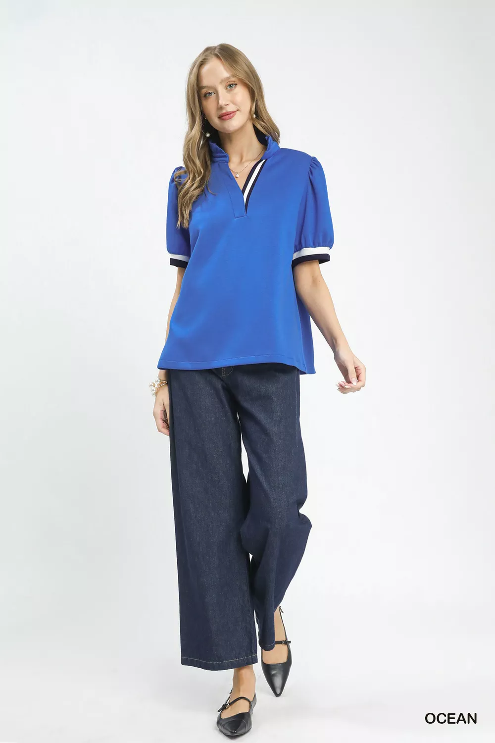 Luxe knit Contrast Trim Puff Sleeve Top, image 4