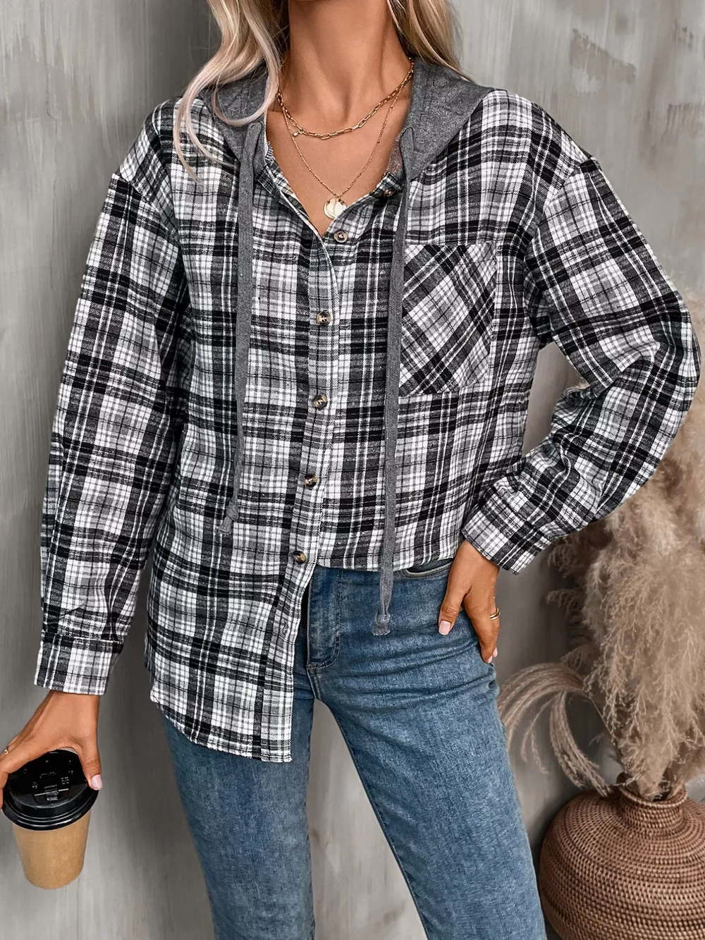 Plaid Button-Up Hooded Shirt with Chest Pocket, image 28