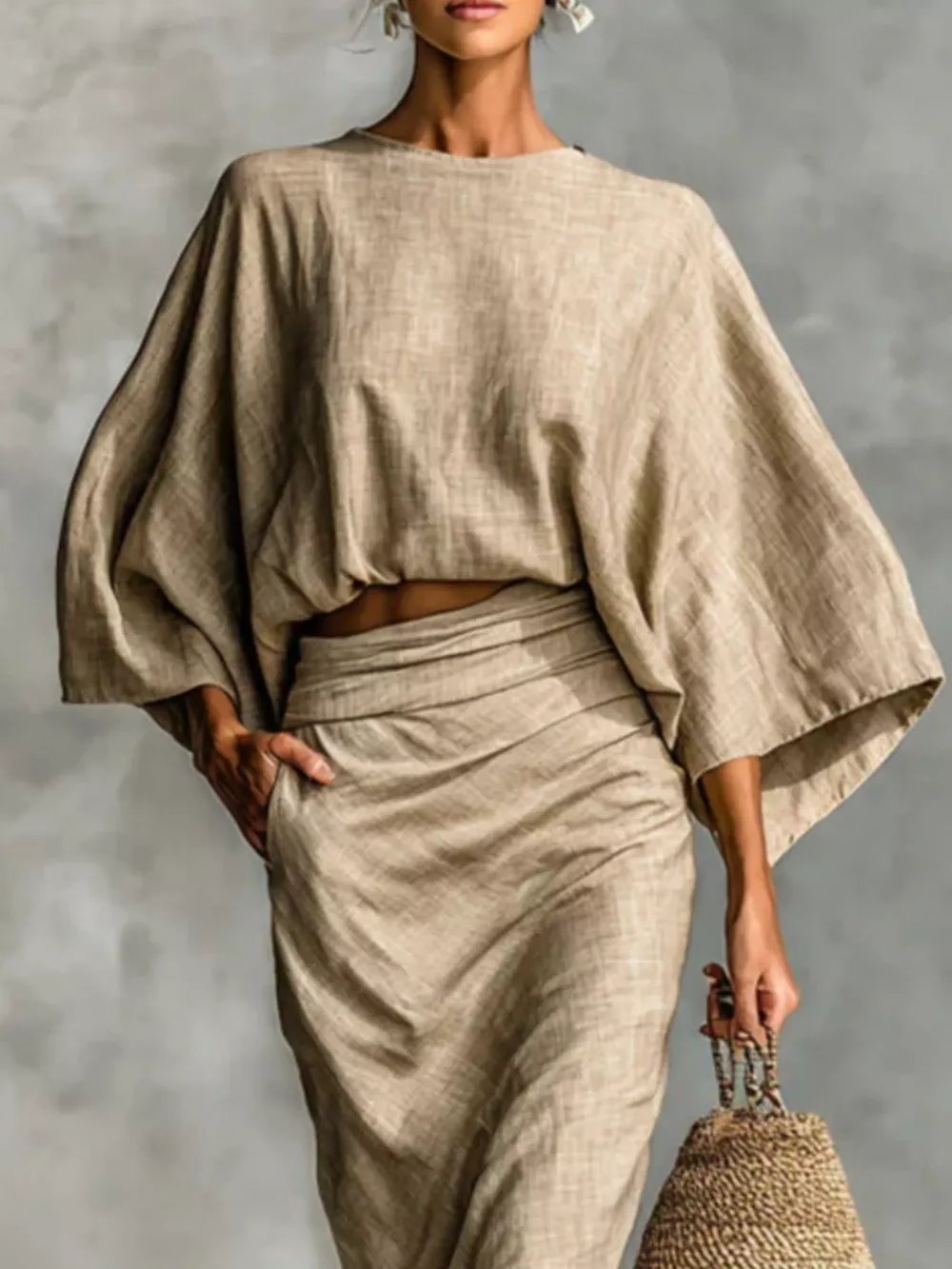 Full Size Kimono Sleeve Top and Ruched Skirt Set Plus Size, image 4