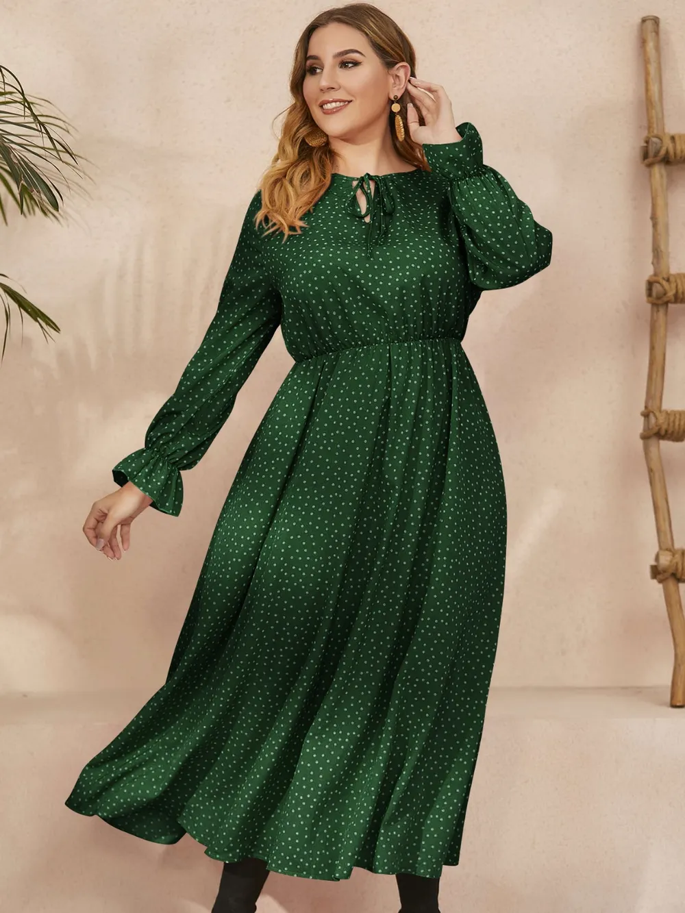 Plus Size Ruffled Polka Dot Long Sleeve Midi Dress, image 13