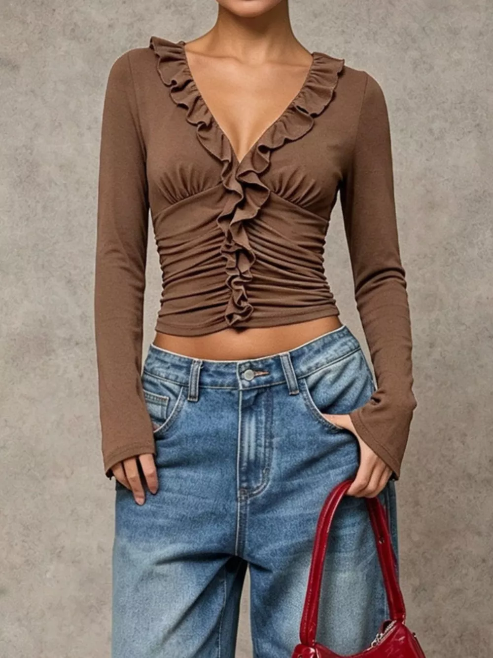 V-Neck Ruffle Trim Ruched Long Sleeve Slim Fit Top, image 3