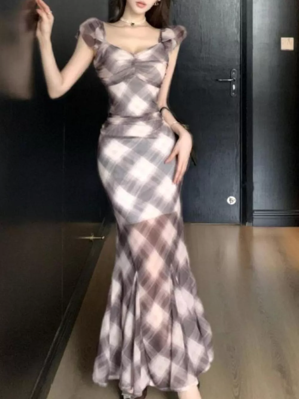 Plaid Ruffle Cap Sleeve Bodycon Maxi Dress, image 7