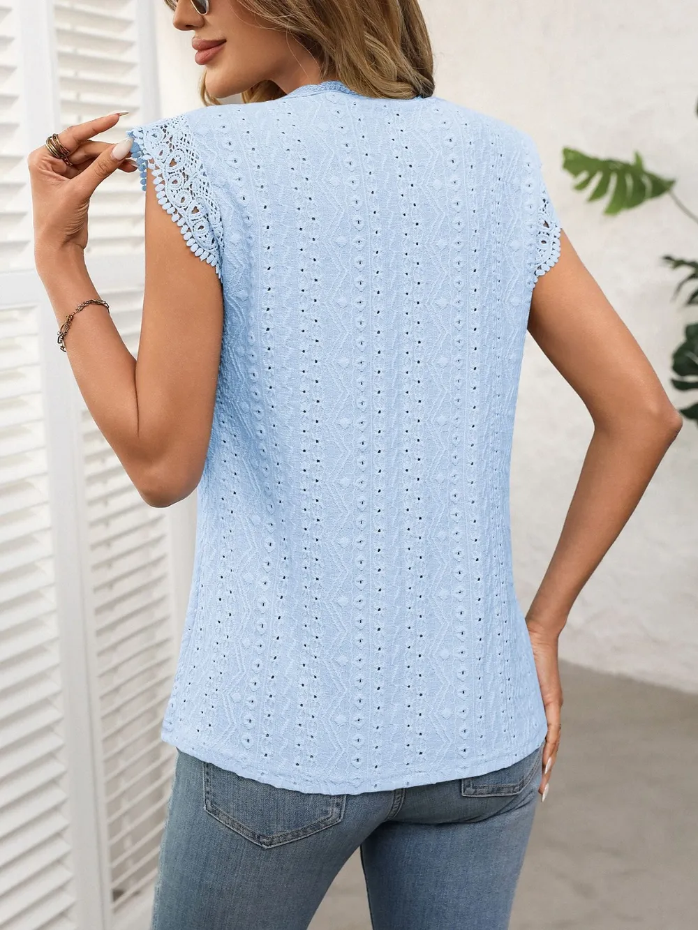Lace Detail Round Neck Cap Sleeve Top, image 7