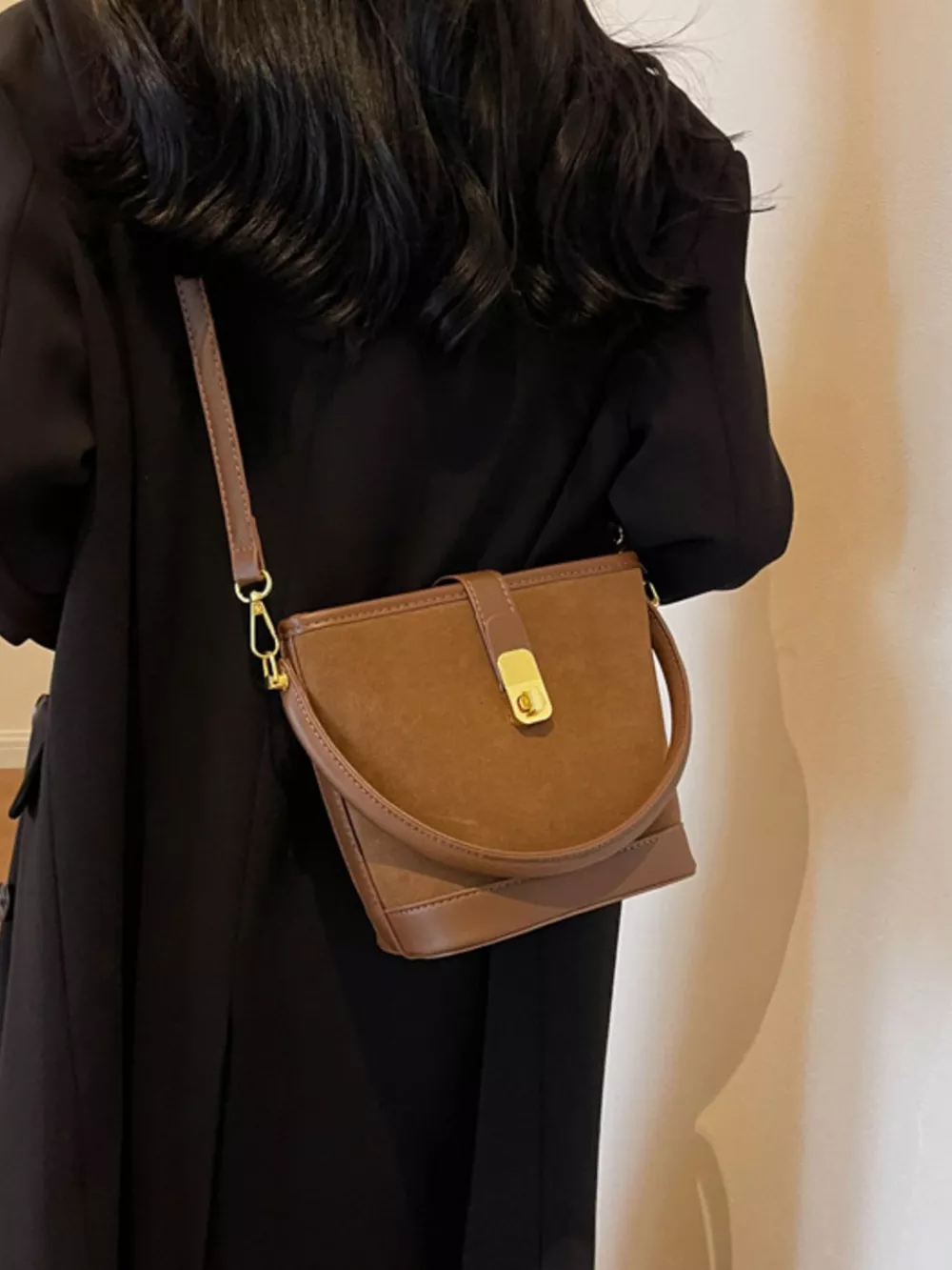 Gold Clasp Bucket Crossbody Bag, image 6