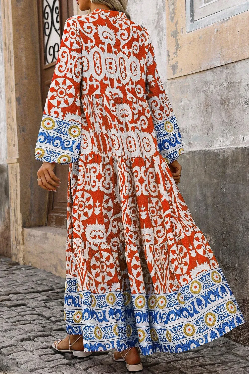Printed Notched Long Sleeve Maxi Dress, image 4