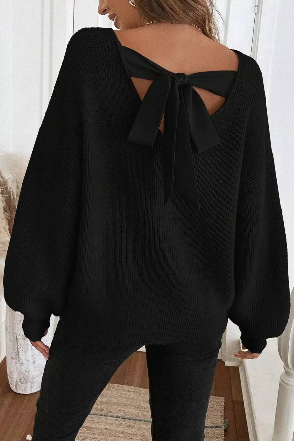 Ribbed Knit Ribbon Knot Backless Drop Shoulder Sweater, image 4