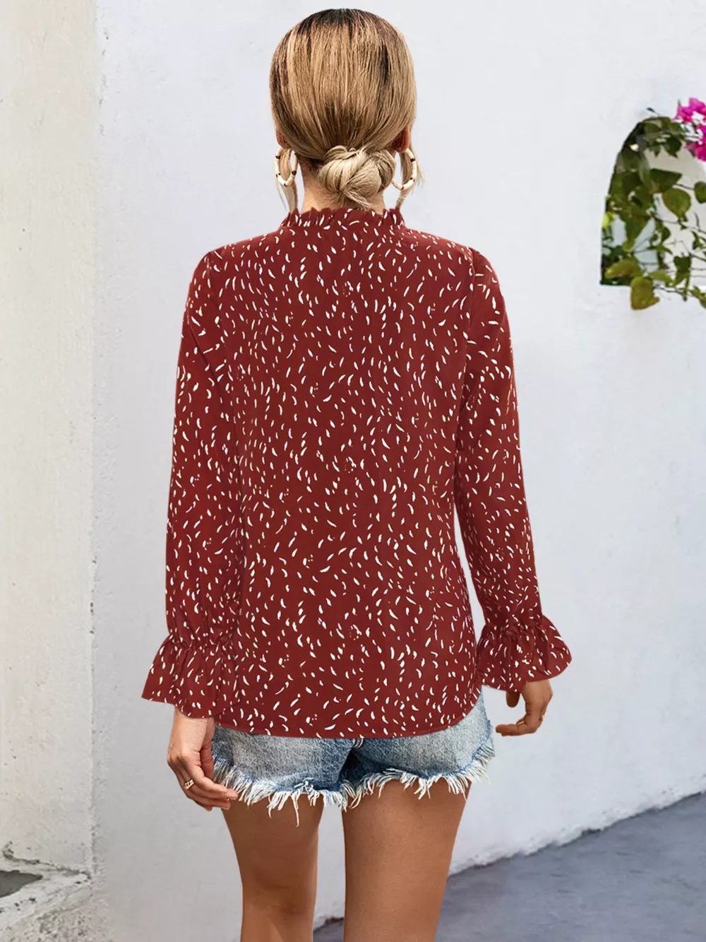 Ruffled Printed Tie Neck Long Sleeve Blouse, image 14