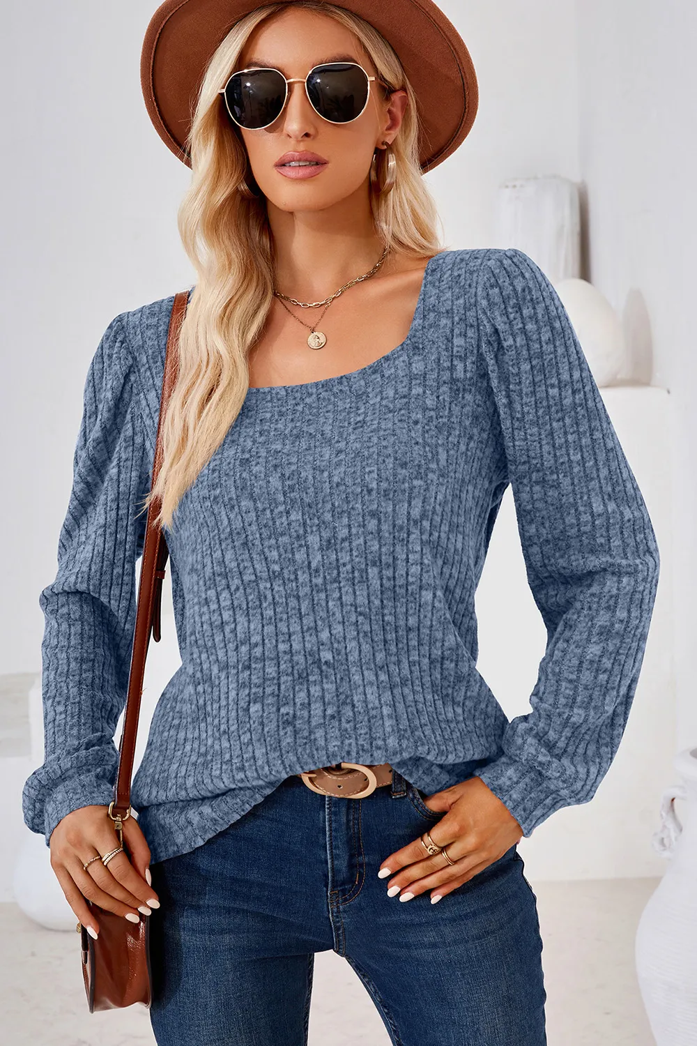Ribbed Square Neck Long Sleeve T-Shirt, image 10