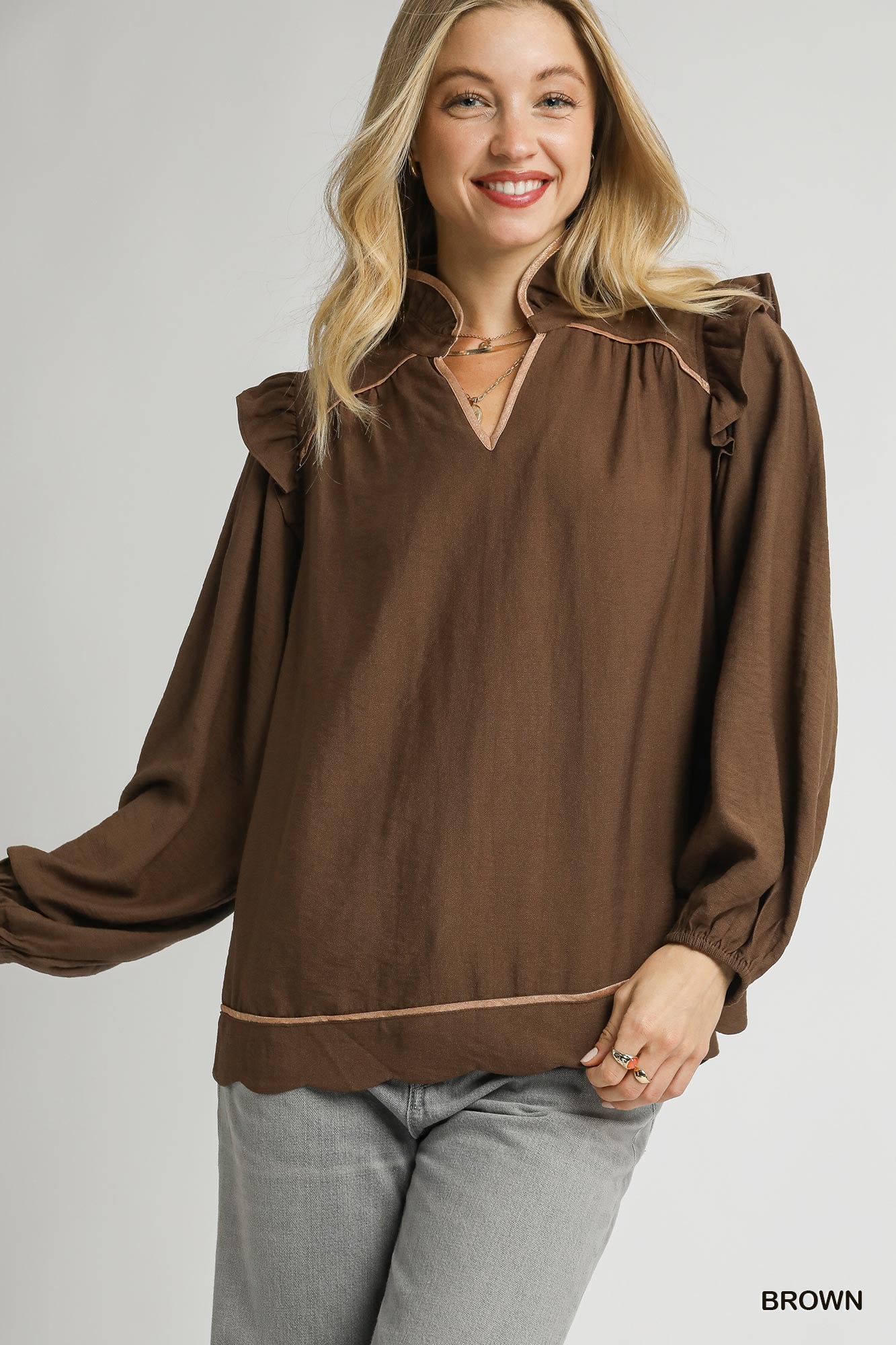 Ruffle Shoulder Long Sleeve Blouse