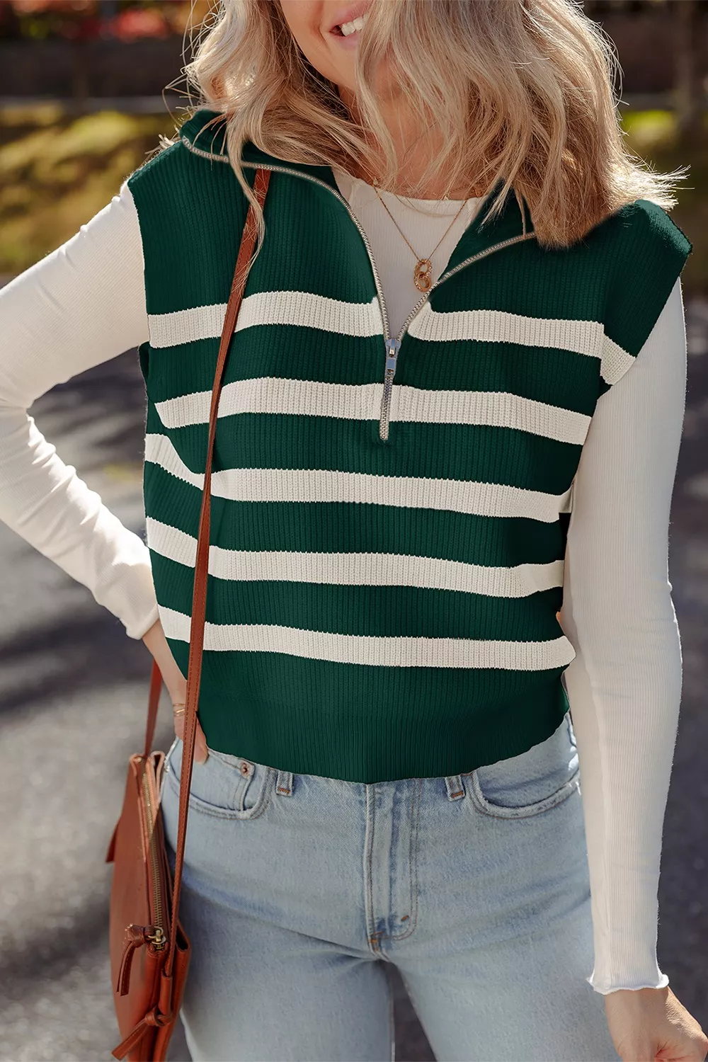 Ribbed Half Zip Collared Sweater Vest, image 4