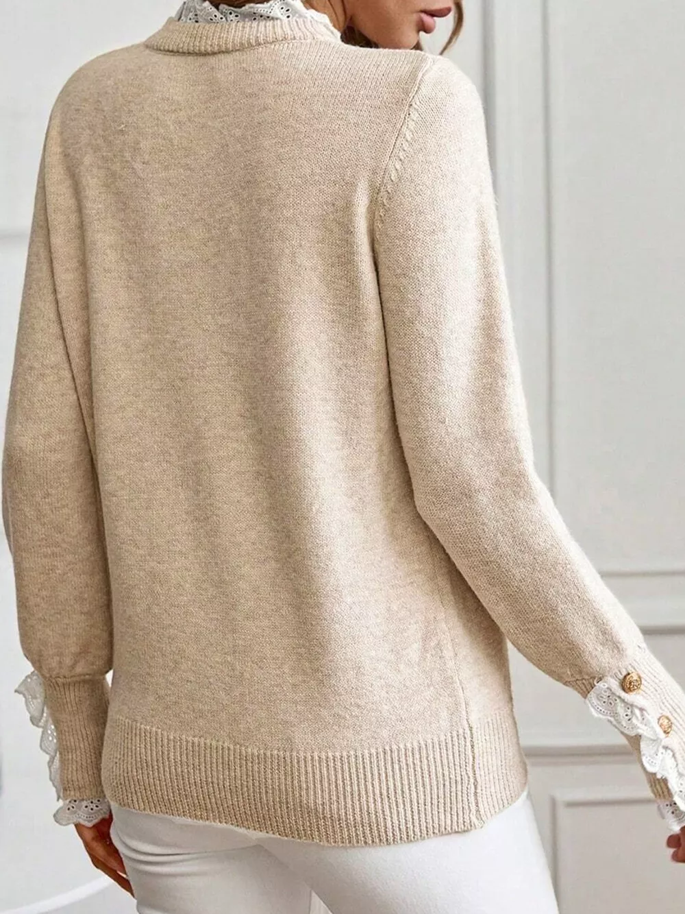 Lace Trim Button Cuff Long Sleeve Sweater, image 3