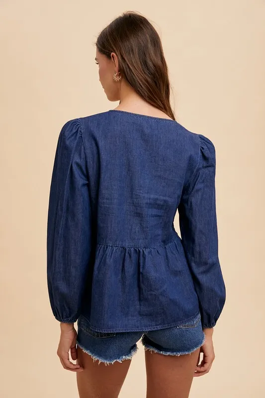 Tie Front Peplum Long Sleeve Denim Top, image 4