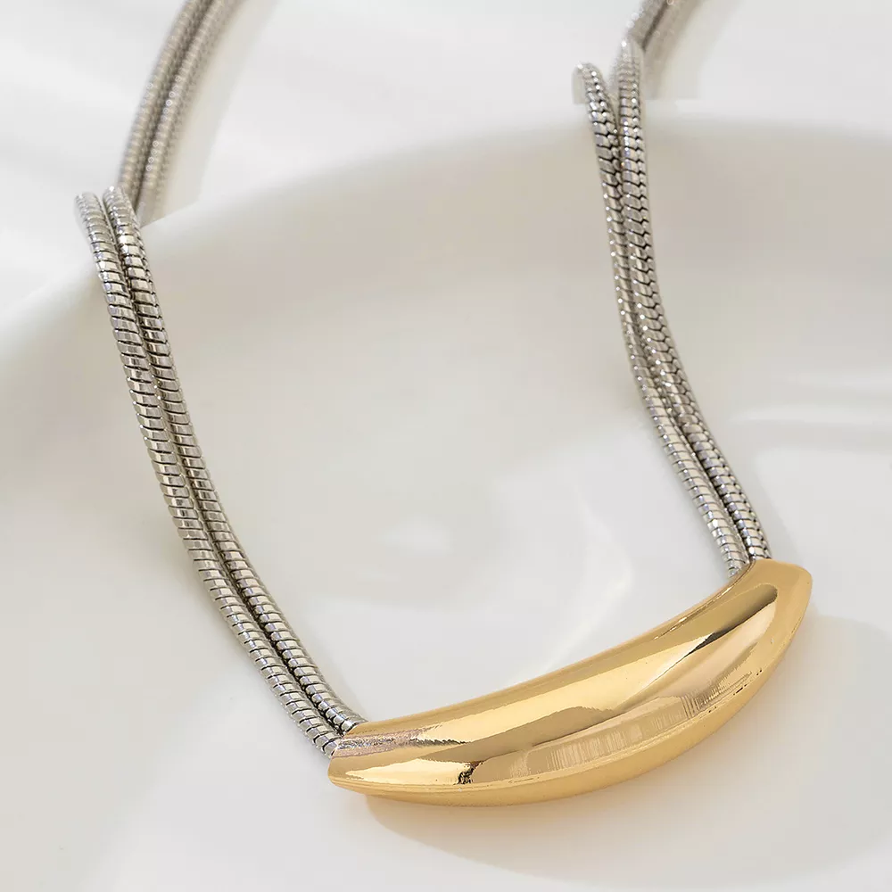 Two-Tone Alloy Curved Pendant Snake Chain Necklace, image 4