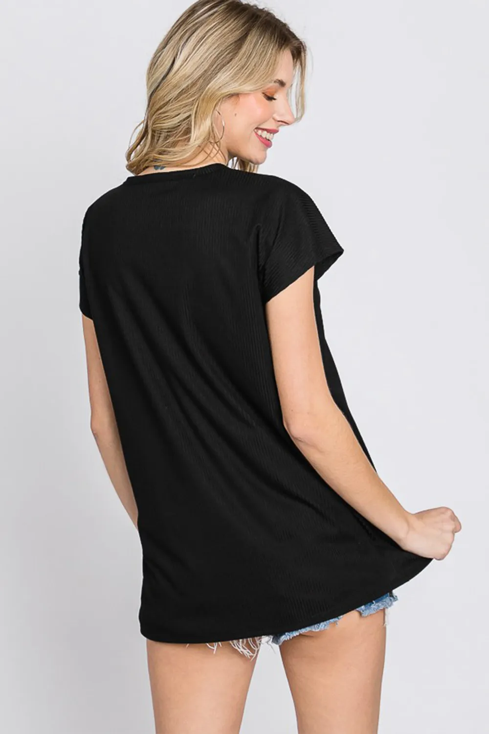 Full Size Front Button V-Neck Short Sleeve T-Shirt, image 2